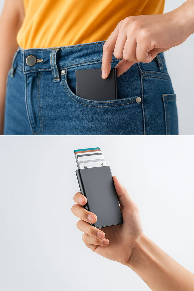 (1+1) Credit Card ID Holder & RFID Anti-Scan Metal Wallet Cash Clip - 1 Pc